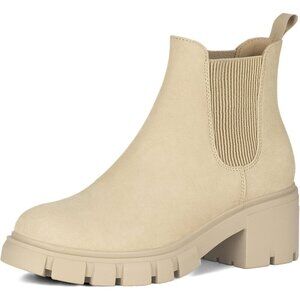 Women Chelsea Apricot Boots Fashion Lug Sole Chunky Heel Slip On Ankle Booties
